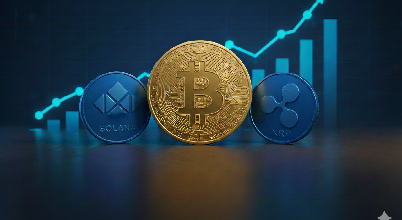 Illustration of XRP, Solana, and Bitcoin performance in 2025 institutional market