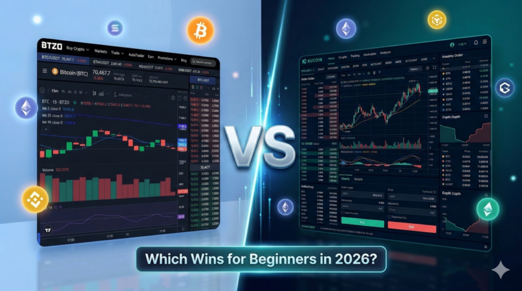 BTZO vs KuCoin crypto exchange comparison showing trading tools, fees, and features for new traders in 2026