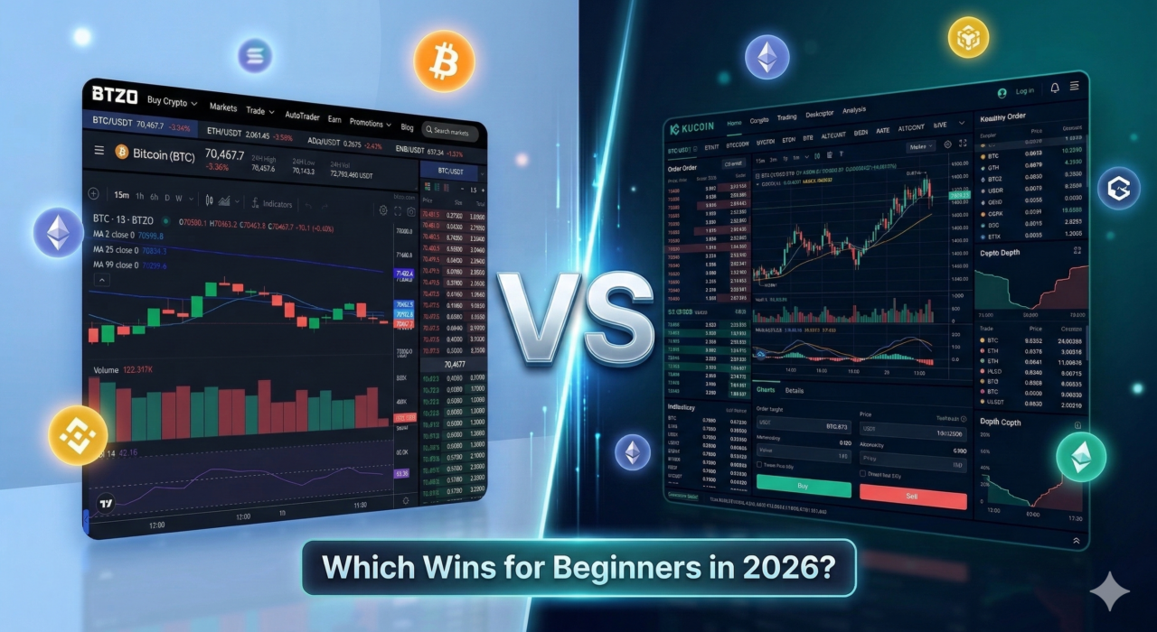 BTZO vs KuCoin crypto exchange comparison showing trading tools, fees, and features for new traders in 2026