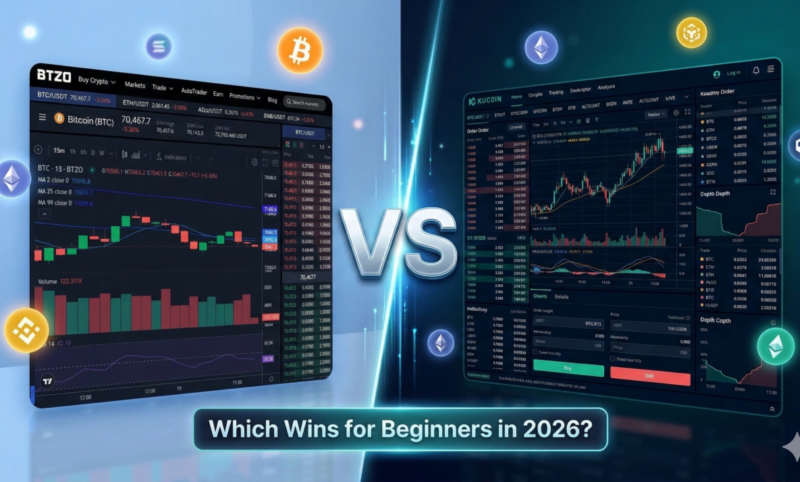 BTZO vs KuCoin crypto exchange comparison showing trading tools, fees, and features for new traders in 2026