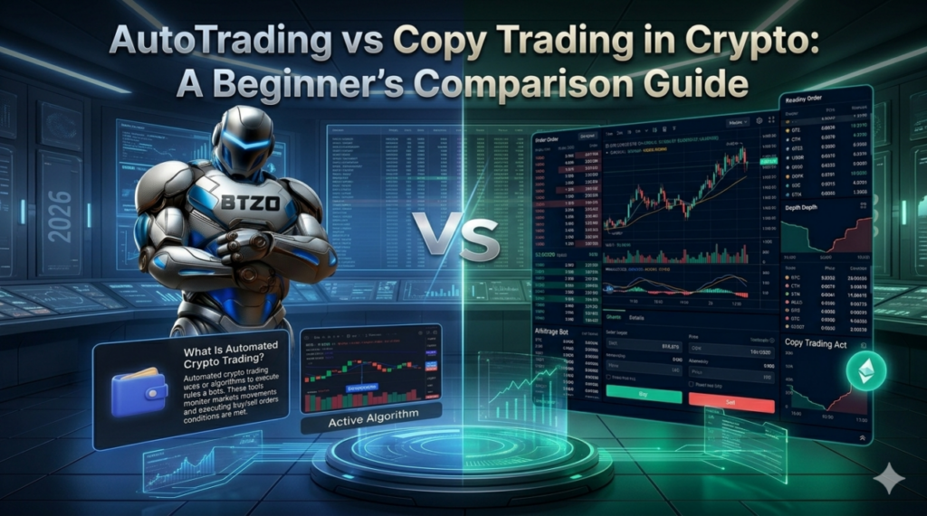 AutoTrading vs Copy Trading comparison showing differences in strategy, risk, and automation for crypto trading in 2026