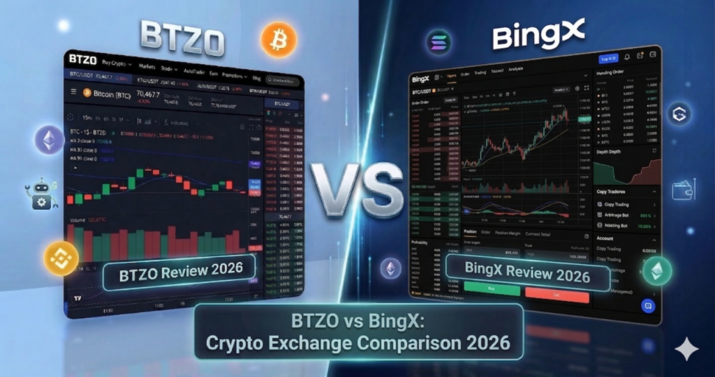BTZO vs BingX comparison showing trading features, automation tools, fees, and security for crypto traders in 2026