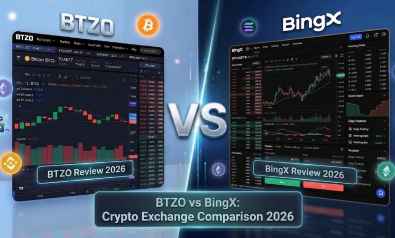 BTZO vs BingX comparison showing trading features, automation tools, fees, and security for crypto traders in 2026