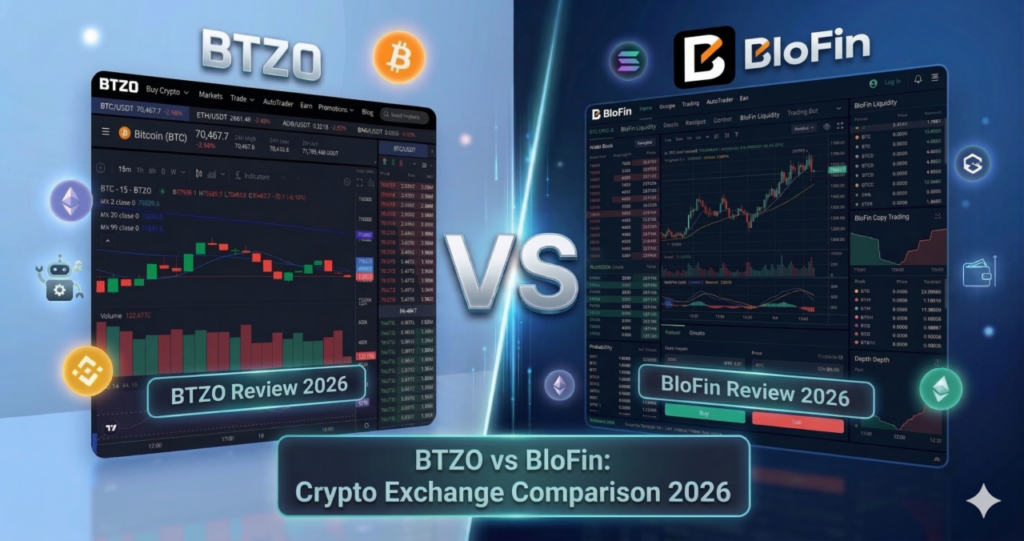 BTZO vs BloFin comparison showing trading features, automation tools, leverage, and security for crypto traders in 2026