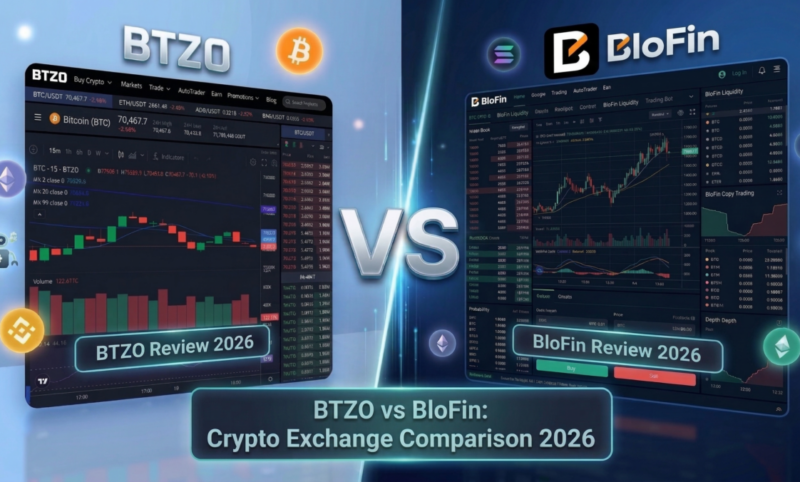 BTZO vs BloFin comparison showing trading features, automation tools, leverage, and security for crypto traders in 2026
