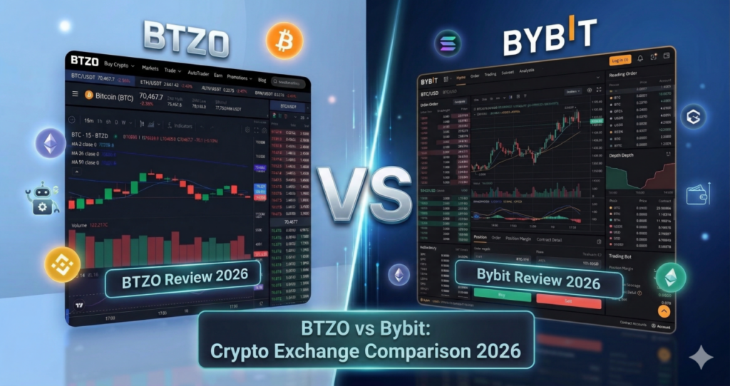 BTZO vs Bybit comparison showing trading fees, liquidity, automation tools, and features for crypto traders in 2026