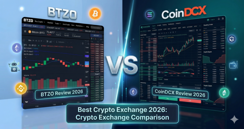 BTZO vs CoinDCX comparison showing crypto exchange features, fees, and trading tools in 2026