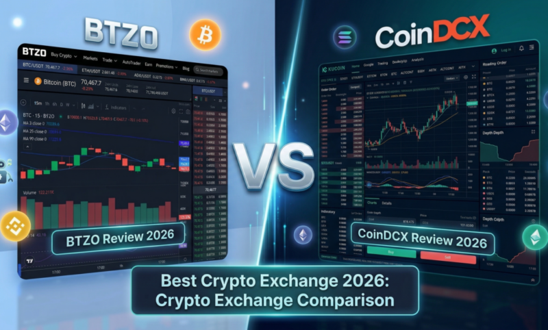BTZO vs CoinDCX comparison showing crypto exchange features, fees, and trading tools in 2026