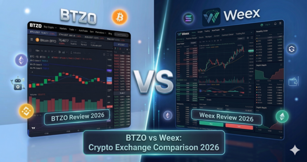 BTZO vs Weex comparison highlighting trading fees, automation bots, security, and user experience for crypto traders in 2026
