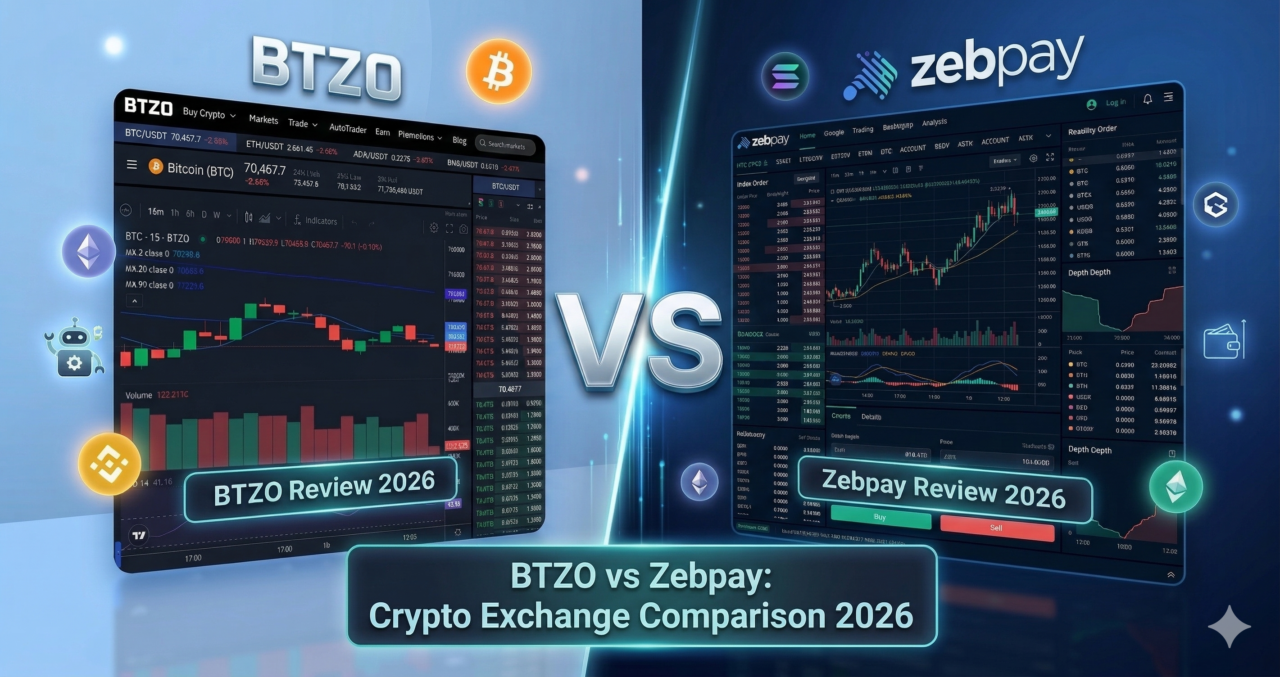 BTZO vs Zebpay comparison showing crypto exchange fees, features, security, and trading tools for Indian traders in 2026
