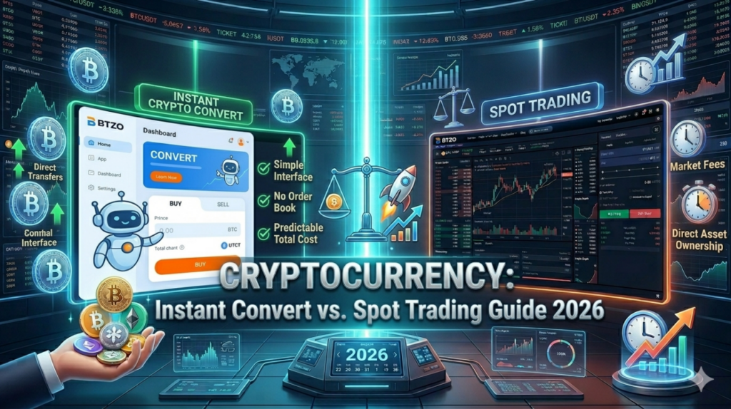 Crypto convert vs spot trading comparison showing instant swaps versus order book trading, control, and fees on a crypto exchange