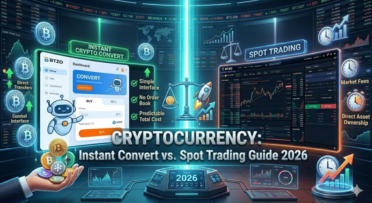 Crypto convert vs spot trading comparison showing instant swaps versus order book trading, control, and fees on a crypto exchange