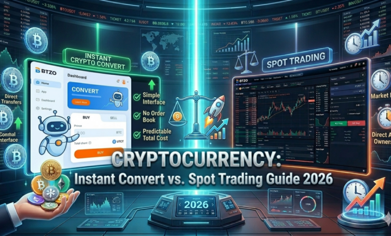 Crypto convert vs spot trading comparison showing instant swaps versus order book trading, control, and fees on a crypto exchange