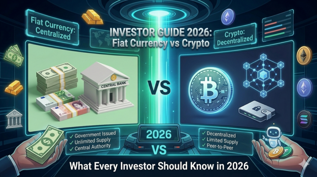 Fiat currency vs cryptocurrency comparison showing differences in control, inflation, speed, and decentralization in 2026