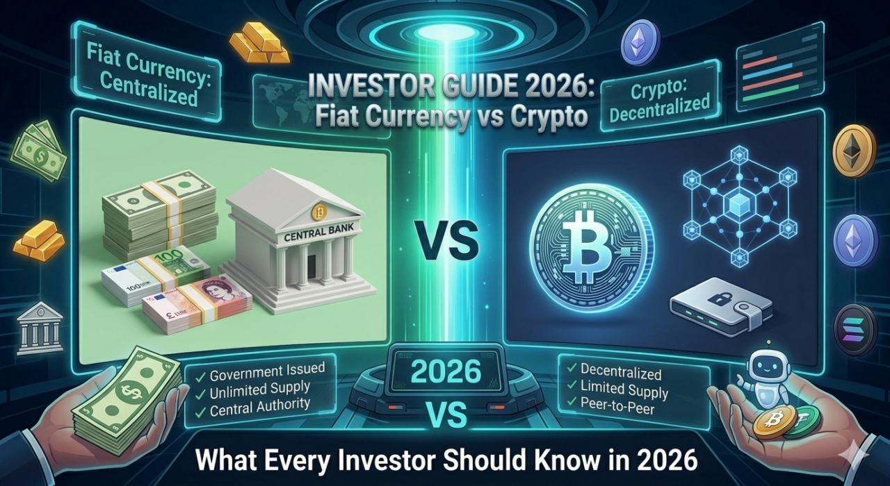 Fiat currency vs cryptocurrency comparison showing differences in control, inflation, speed, and decentralization in 2026