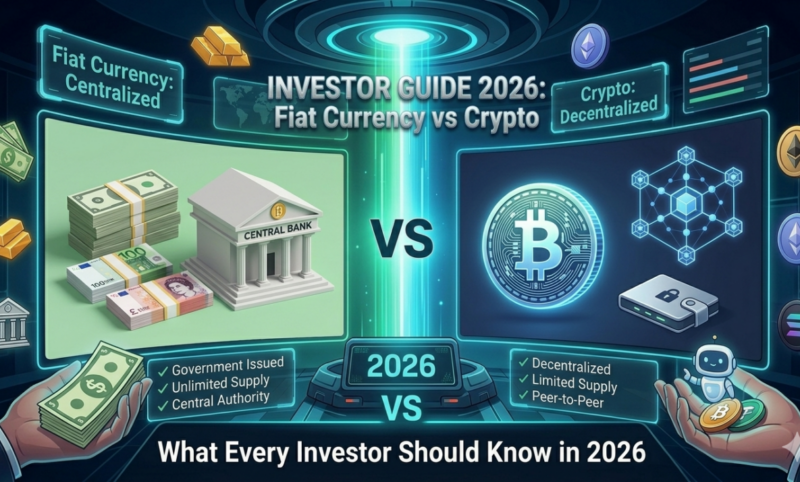 Fiat currency vs cryptocurrency comparison showing differences in control, inflation, speed, and decentralization in 2026