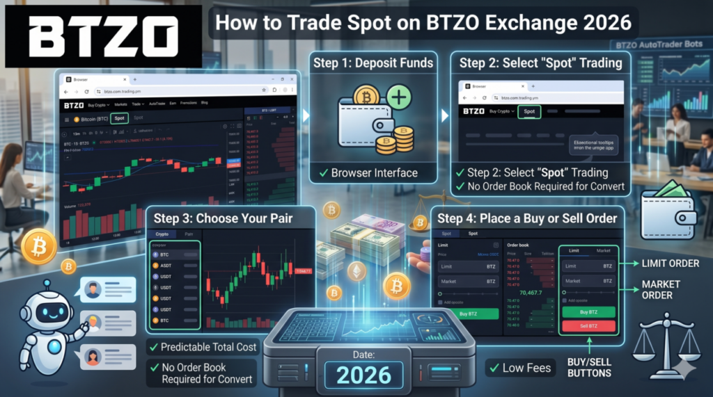 BTZO spot trading interface showing BTC/USDT order panel and price chart