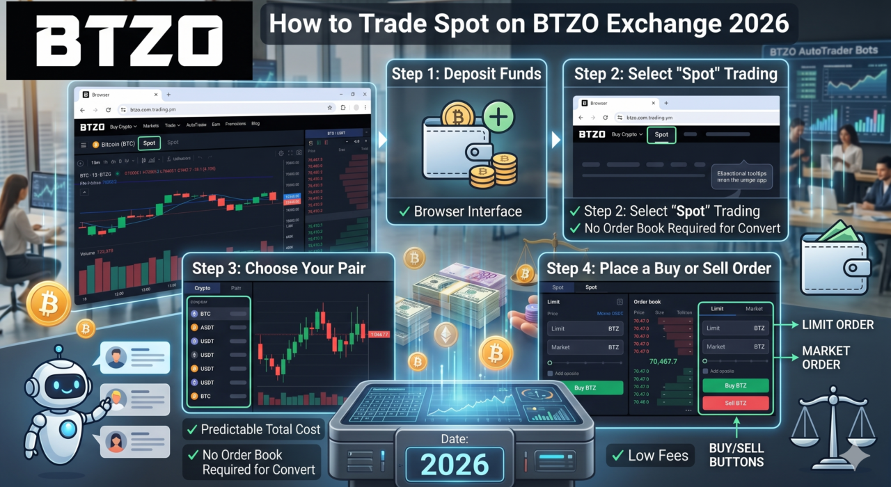 BTZO spot trading interface showing BTC/USDT order panel and price chart