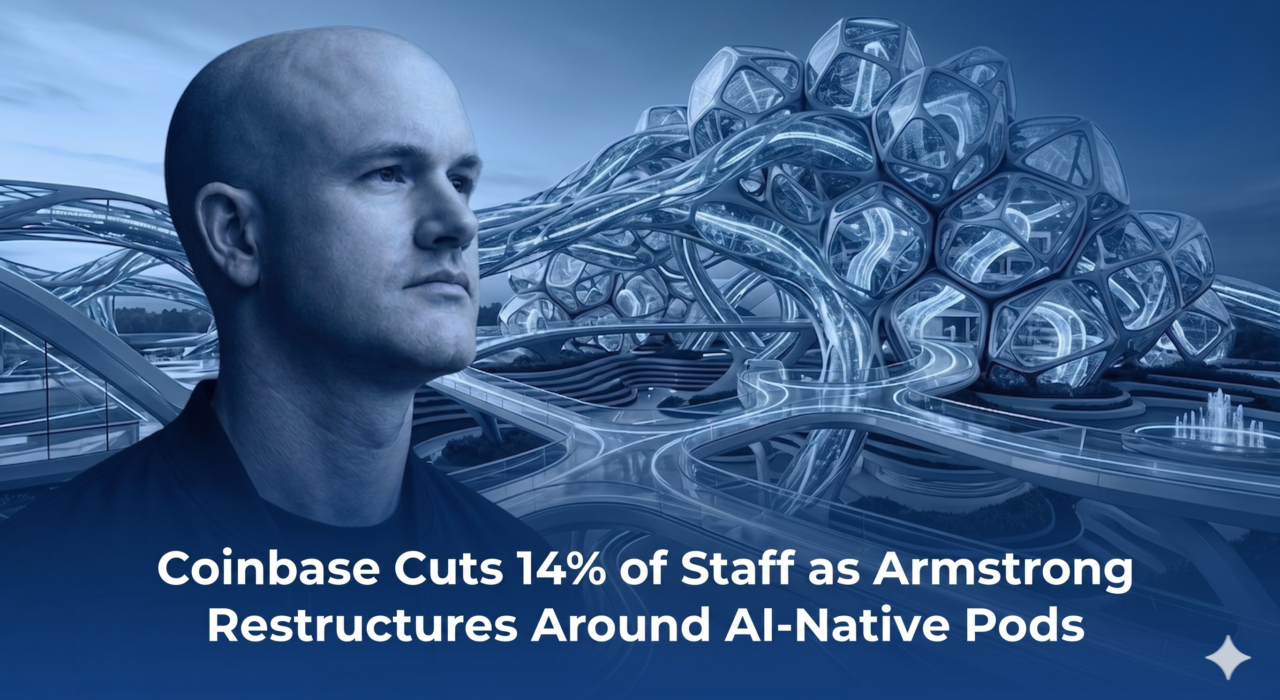 Coinbase headquarters with overlay showing AI-native restructuring and workforce reduction