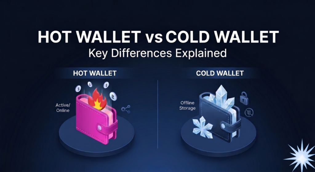 Hot wallet vs cold wallet comparison showing differences in crypto storage security and accessibility