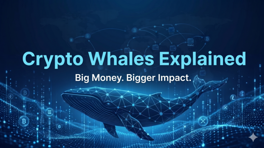 Crypto whales explained illustration showing large Bitcoin holders influencing market movements