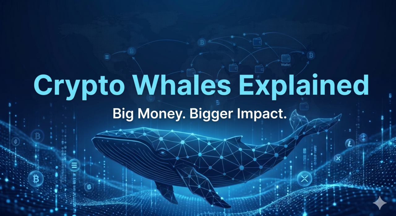Crypto whales explained illustration showing large Bitcoin holders influencing market movements