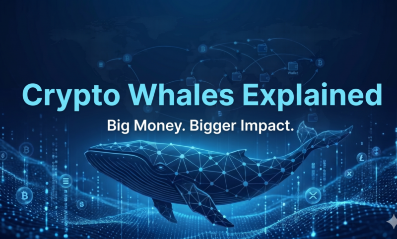 Crypto whales explained illustration showing large Bitcoin holders influencing market movements